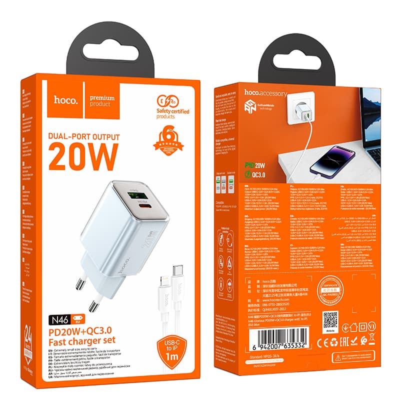 Hoco (N46) - Incarcator Retea + Cablu Lightning, 1m, PD20W, 1xUSB-C, 1xUSB-A, Blue 1