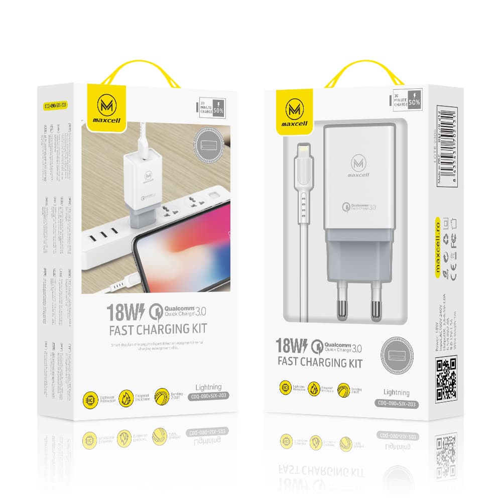 Maxcell (CDQ090) - Incarcator Retea + Cablu USB-C, 18W, 3A, 1xUSB-A, QC 3.0, White 1