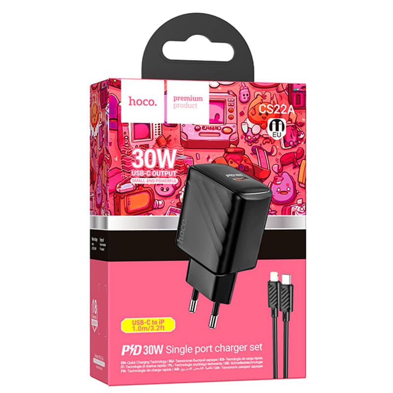 Hoco (CS22A) - Incarcator Retea + Cablu Lightning, 1m, PD30W, 1xUSB-C, QC/FCP/AFC, Black 1