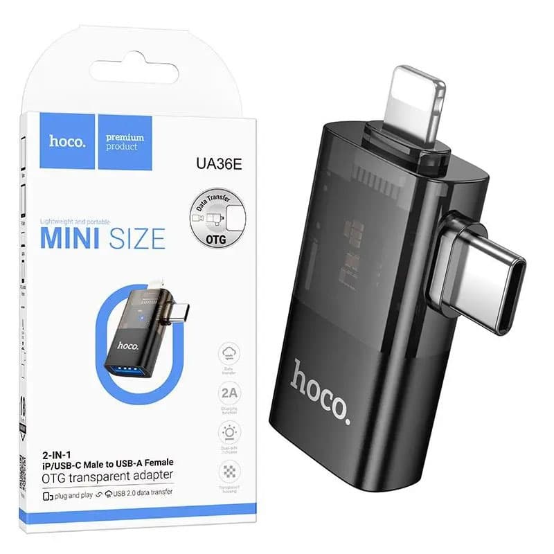 Hoco (UA36E) - Adaptor OTG Transfer/Incarcare, USB-C/Lightning la USB-A, Black 1