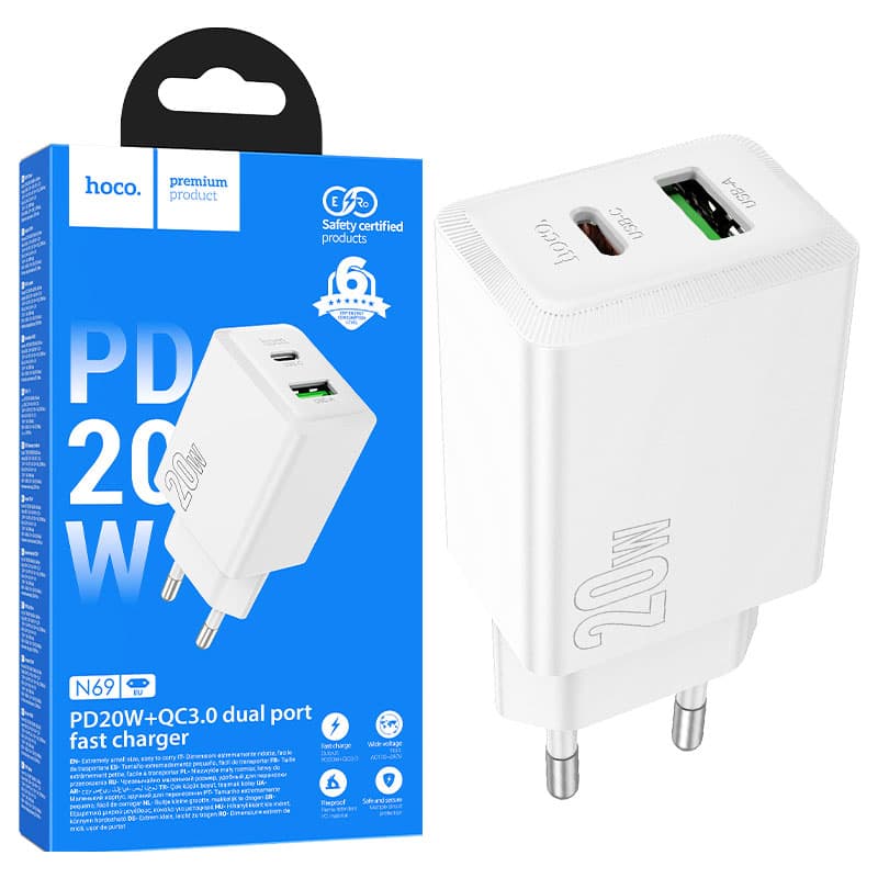 Hoco (N69) - Incarcatoare Priza, 1xUSB-C, 1XUSB-A, PD20W, QC3.0 Fast Charger, White 1