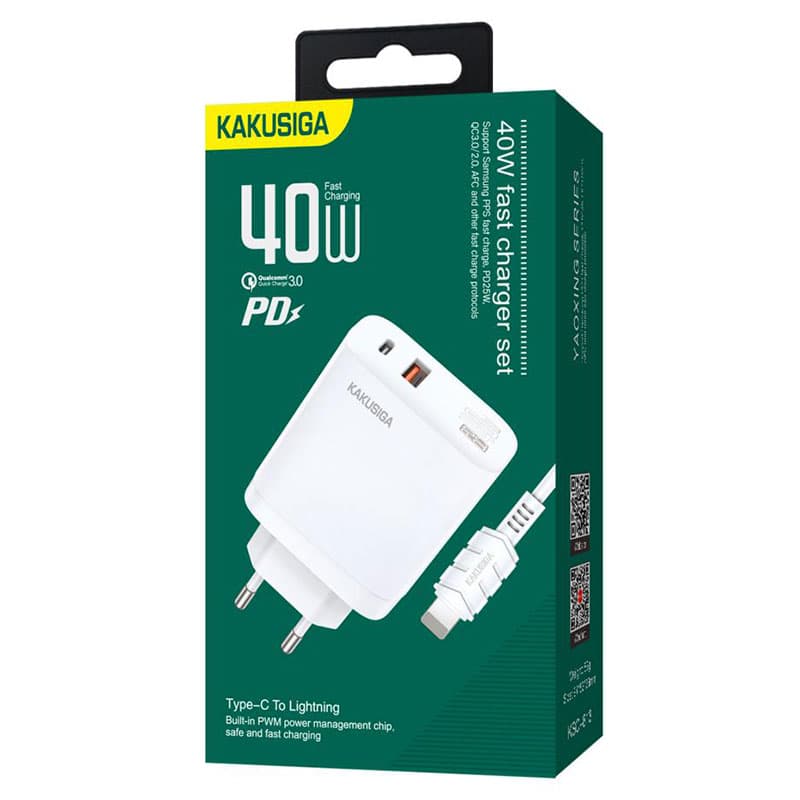 Kaku (KSC-813) - Incarcator Retea + Cablu Lightning, 40W, 2.4A, 1xUSB-C, 1xUSB-A, PD, QC 3.0, White 1