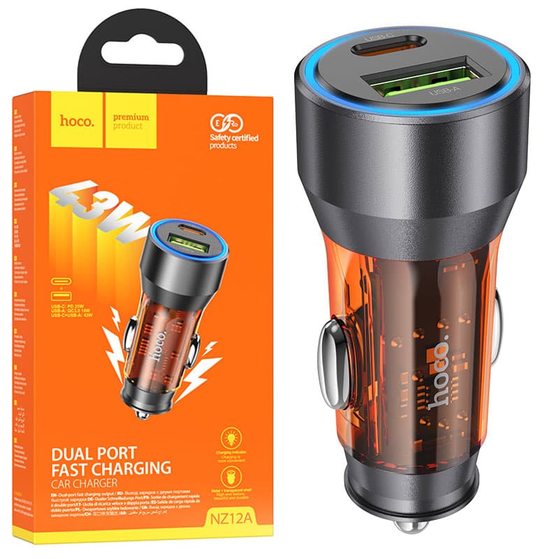 Hoco (NZ12A) - Incarcator Auto, 25W, 1xUSB-C, 1xUSB-A, PD, QC 3.0, Clear, Orange 1