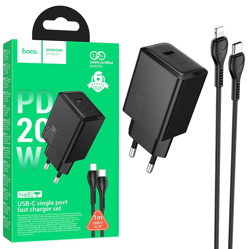 Hoco (N68) - Incarcator Retea, PD20W, USB-C + Cablu Lightning, 1m, Fast Charging, Black 1