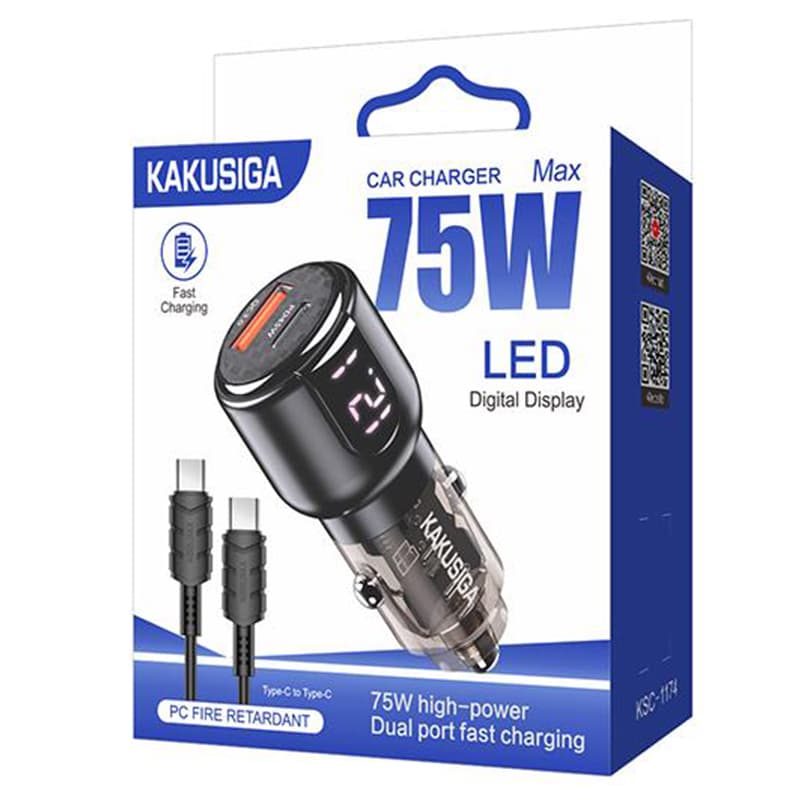 Kaku (KSC-1174) - Incarcator Auto + Cablu USB-C, 75W, 1xUSB-C, 1xUSB-A, PD, QC 3.0, LED Power, Black 1