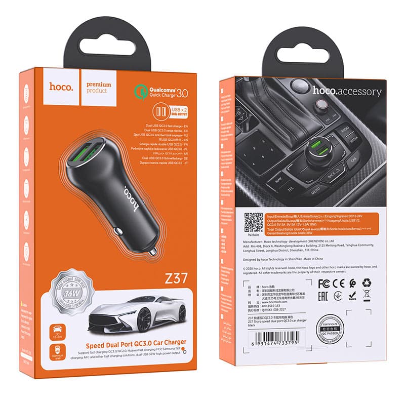 Hoco (Z37) - Incarcator Auto, 36W, 2xUSB-A, Black 1