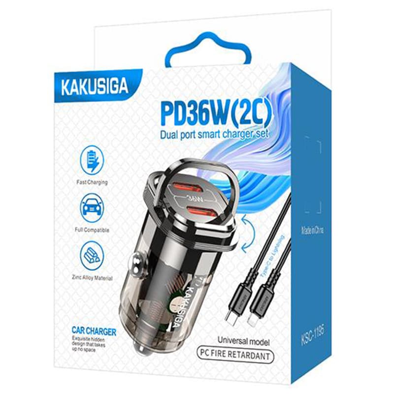 Kaku (KSC-1195) - Incarcator Auto + Cablu Lightning, 1m, PD36W, 2xUSB-C, Black 1