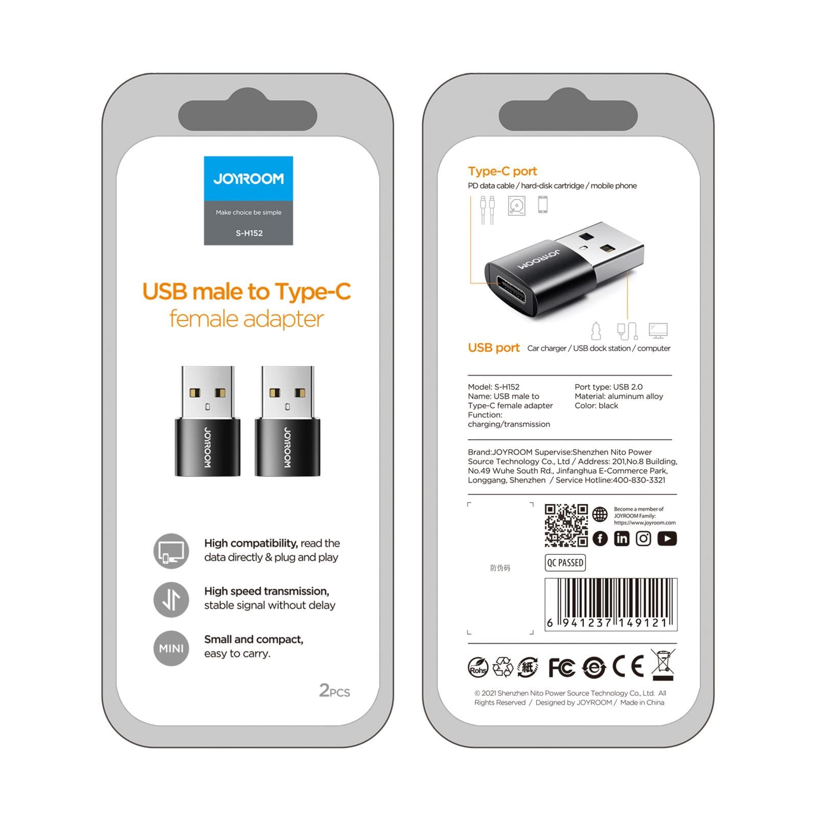 Joyroom (S-H152) - Adaptor OTG Transfer, USB-C la USB-A, Black 1