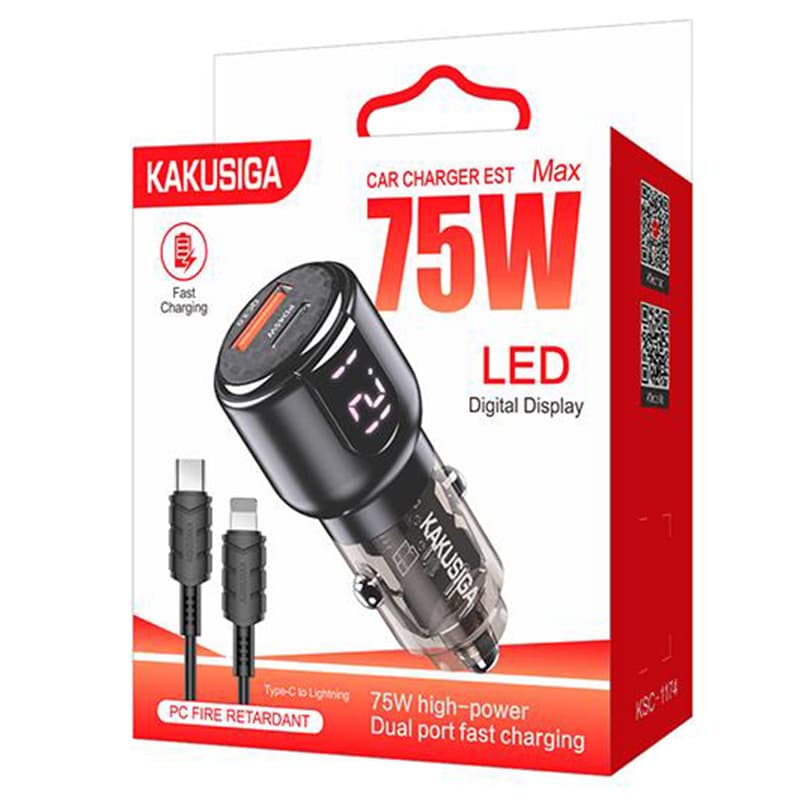 Kaku (KSC-1174) - Incarcator Auto + Cablu Lightning, 75W, 1xUSB-C, 1xUSB-A, LED Power, Black 1