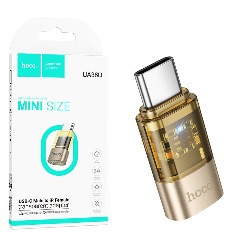 HOCO (UA36D) - Adaptor OTG, Transfer/Incarcare, Lightning la USB-C,3A, Transparent, Gold