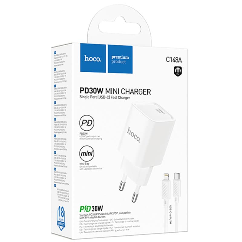 Hoco (C148A) - Incarcator Retea + Cablu Lightning, 1m, PD30W, 1xUSB-C, FastCharge, White 1