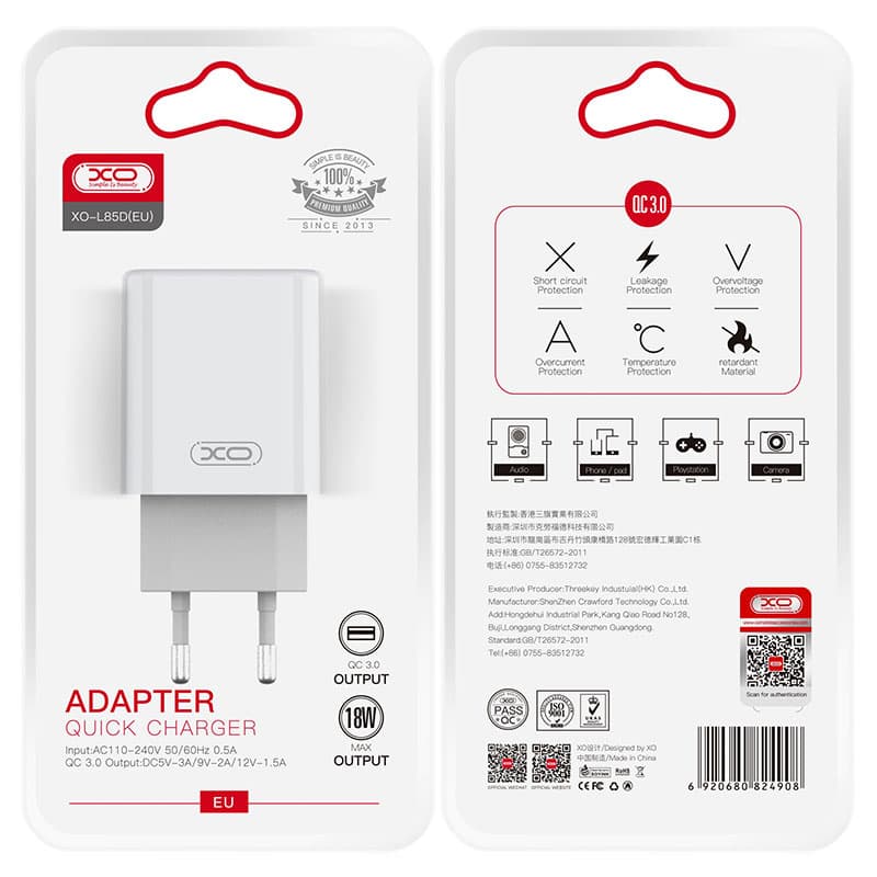 XO (L85D) - Incarcator Retea, 18W, 1xUSB-A, QC 3.0, White 1