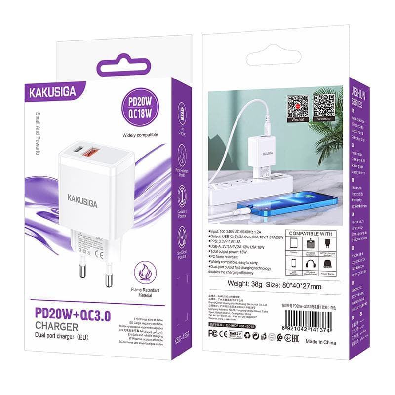 Kaku (KSC-1252) - Incarcator Retea, PD20W, 1xUSB-C, 1xUSB-A, White 1