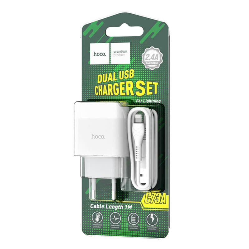 Hoco (C73A) - Incarcator Retea + Cablu Lightning, 18W, 2.4A, 2xUSB-A, QC 3.0, White 1