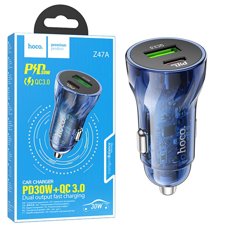Hoco (Z47A) - Incarcator Auto, 30W, 1xUSB-C, 1xUSB-A, PD, QC 3.0, Blue 1