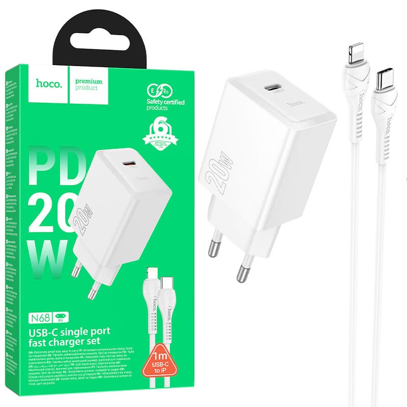 Hoco (N68) - Incarcator Retea, PD20W, USB-C + Cablu Lightning, 1m, Fast Charging, White 1