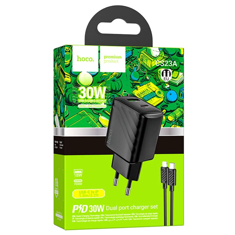 Hoco (CS23A) - Incarcator Retea + Cablu Lightning, PD30W, 1xUSB-C, 1xUSB-A, FCP/AFC, Black 1