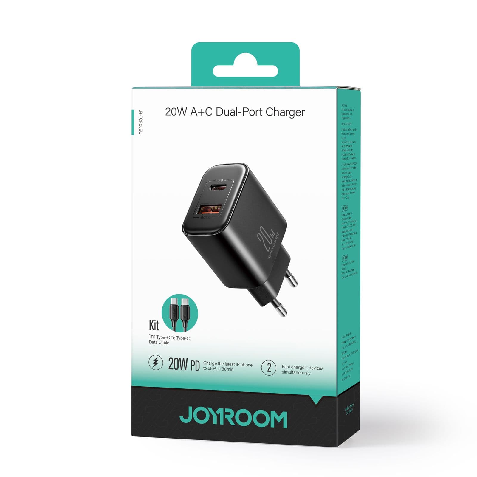 Joyroom (JR-TCF05) - Incarcator Retea + Cablu USB-C, 20W, 1xUSB-C, 1xUSB-A, PD, QC 3.0, Black 1