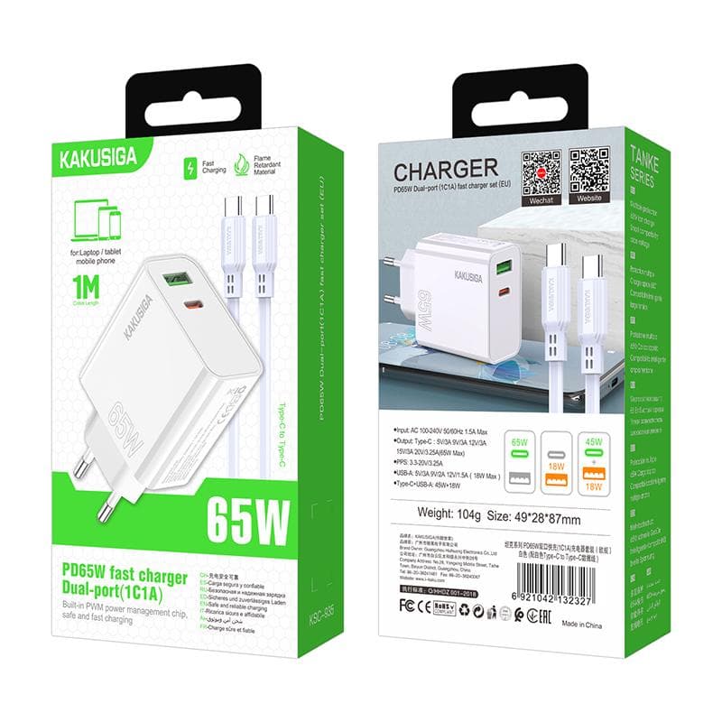 Kaku (KSC-935) - Incarcator Retea + Cablu USB-C, 1m, PD65W, 1xUSB-C, 1xUSB-A, White 1
