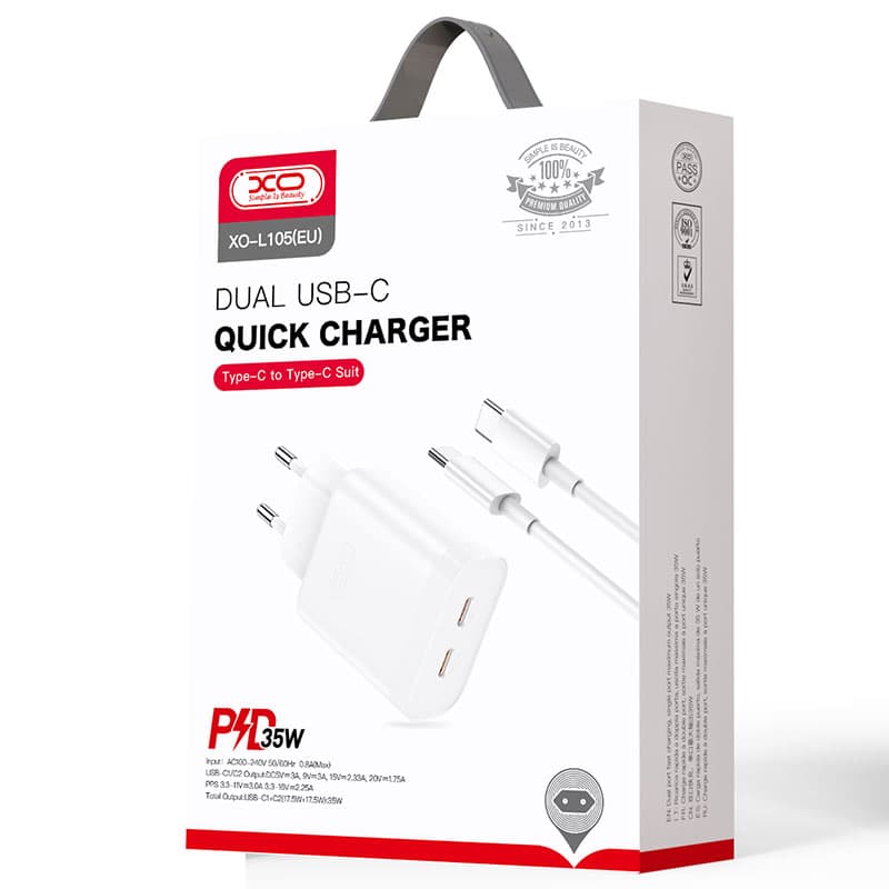 XO (L105) - Incarcator Retea + Cablu USB-C, 35W, 2xUSB-C, PD, White 1