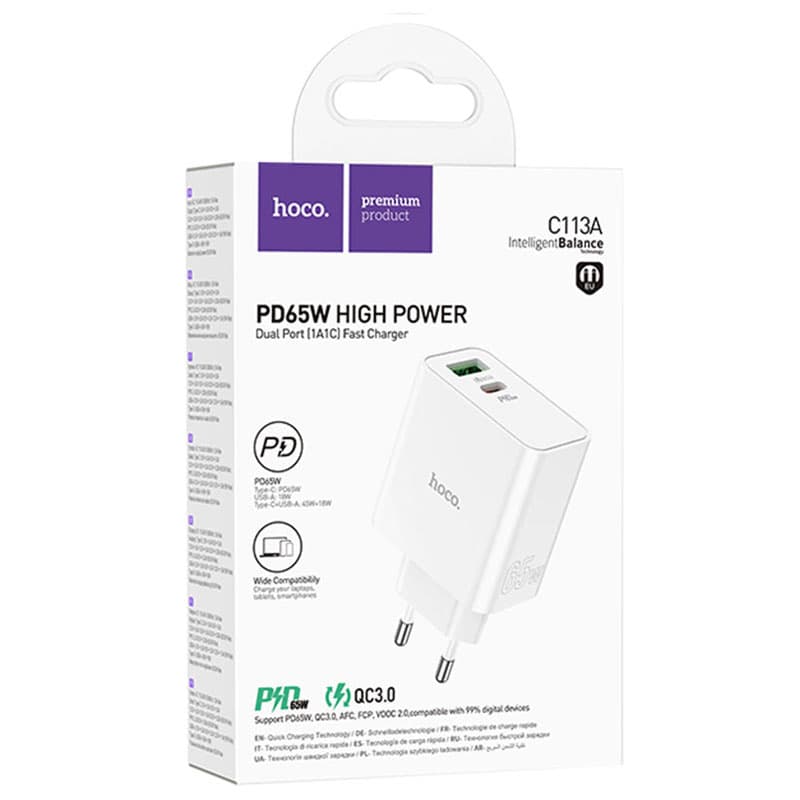 Hoco (C113A) - Incarcator Retea, 65W, 1xUSB-C, 1xUSB-A, PD, QC 3.0, White 1