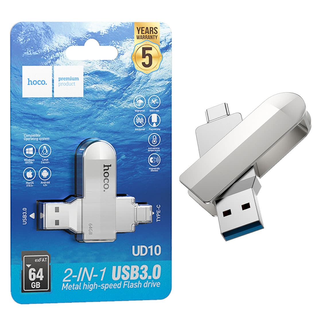 Hoco (UD10) - Memory Stick, 64GB, Dual USB-C + USB-A 3.0, High Speed, Flash Drive, Silver 1