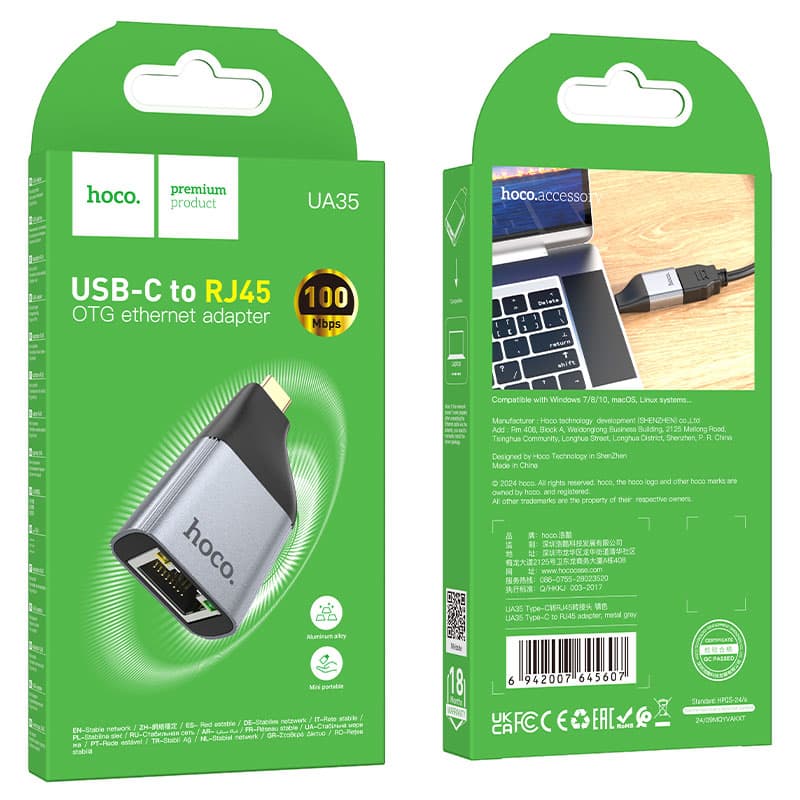 Hoco (UA35) - Adaptor OTG Transfer, USB-C la RJ45, Network, 100/10Mbs, Grey 1
