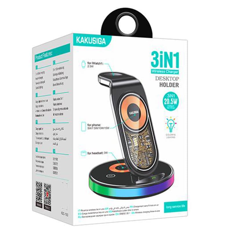 Kaku (KSC-1153) - Incarcator Wireless, 15W, Qi Charging, Universal 3 in 1, Fast, tiPhone Stand, Black 1