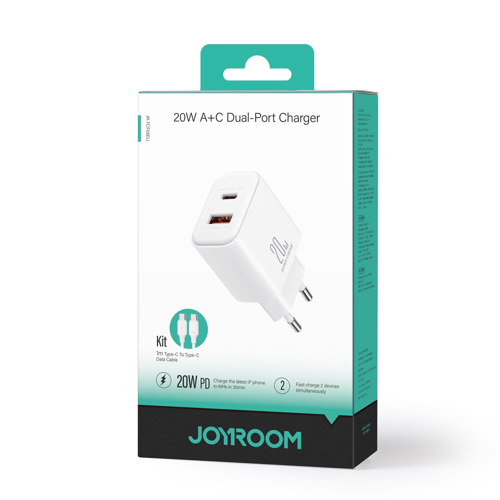Joyroom (JR-TCF05) - Incarcator Retea + Cablu USB-C, 20W, 1xUSB-C, 1xUSB-A, PD, QC 3.0, White 1