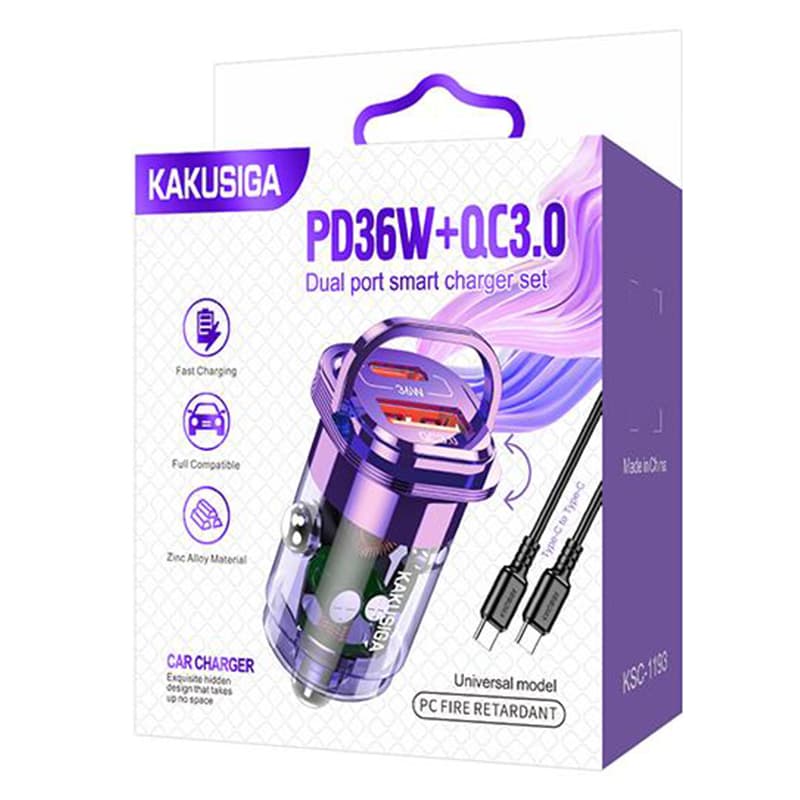 Kaku (KSC-1193) - Incarcator Auto + Cablu USB-C, 1m, PD36W, 1xUSB-C, 1xUSB-A, Purple 1