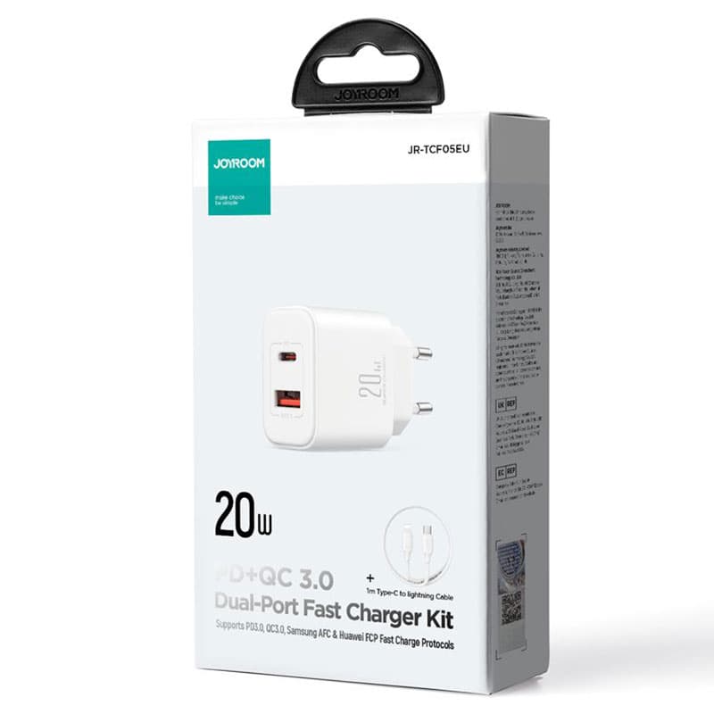 Joyroom (JR-TCF05) - Incarcator Retea + Cablu Lightning, 20W, 1xUSB-C, 1xUSB-A, PD, QC 3.0, White 1