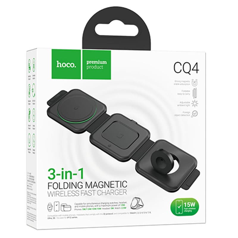 Hoco (CQ4) - Statie Incarcare Wireless, MagSafe, 15W, Qi Charging, Folding, 3 in 1, Black 1