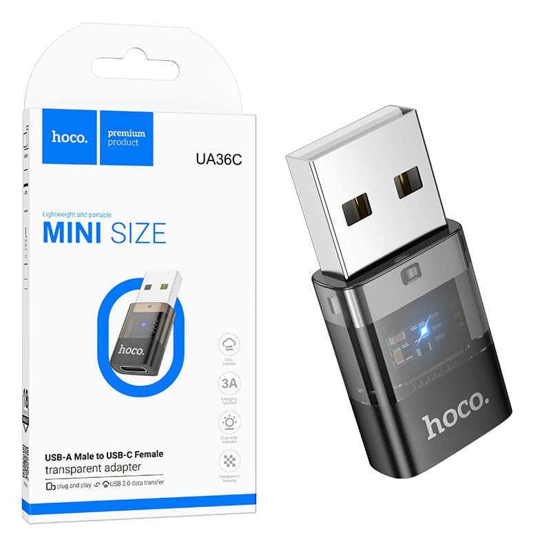 HOCO (UA36C) - Adaptor OTG, Transfer/Incarcare, USB-C la USB-A 2.0, Fast, Transparent, Black