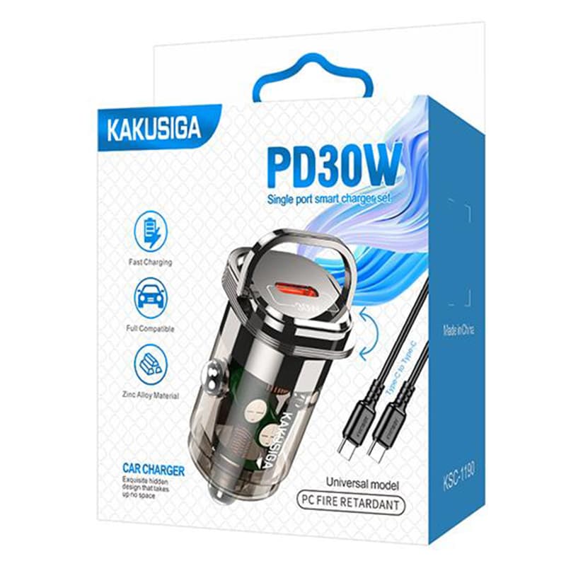 Kaku (KSC-1190) - Incarcator Auto + Cablu USB-C, 1m, PD30W, 1xUSB-C, Black 1