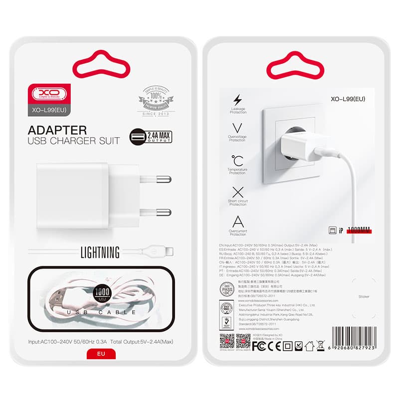 XO (L99) - Incarcator Retea + Cablu Lightning, 2.4A, 1xUSB-A, QC 3.0, White 1