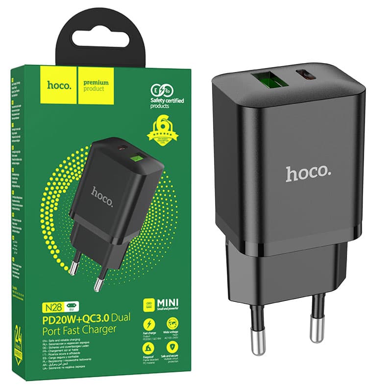 Hoco (N28) - Incarcator Retea, 20W, 1xUSB-C, 1xUSB-A, PD, QC 3.0, Black 1