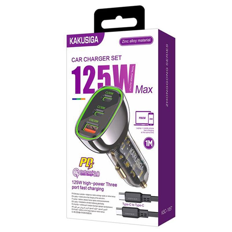 Kaku (KSC-1057) - Incarcator Auto + Cablu USB-C, 125W, 2xUSB-C, 1xUSB-A, PD, QC 3.0, Black 1