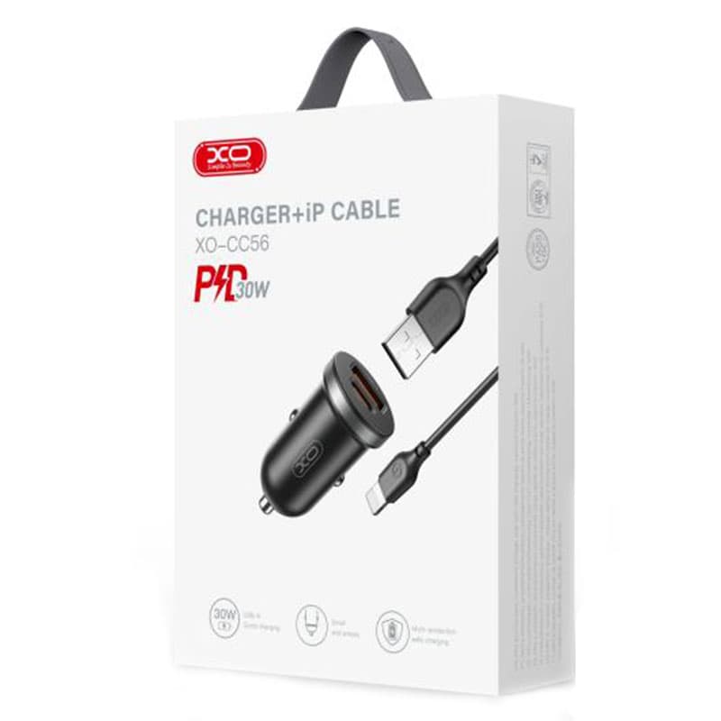 XO (CC56) - Incarcator Auto + Cablu Lightning, 30W, 1xUSB-C, 1xUSB-A, PD, QC 3.0, Compact, Black 1