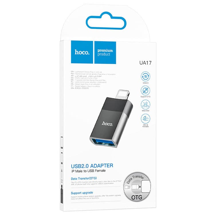 Hoco (UA17) - Adaptor OTG Transfer, USB-A la Lightning, Black 1