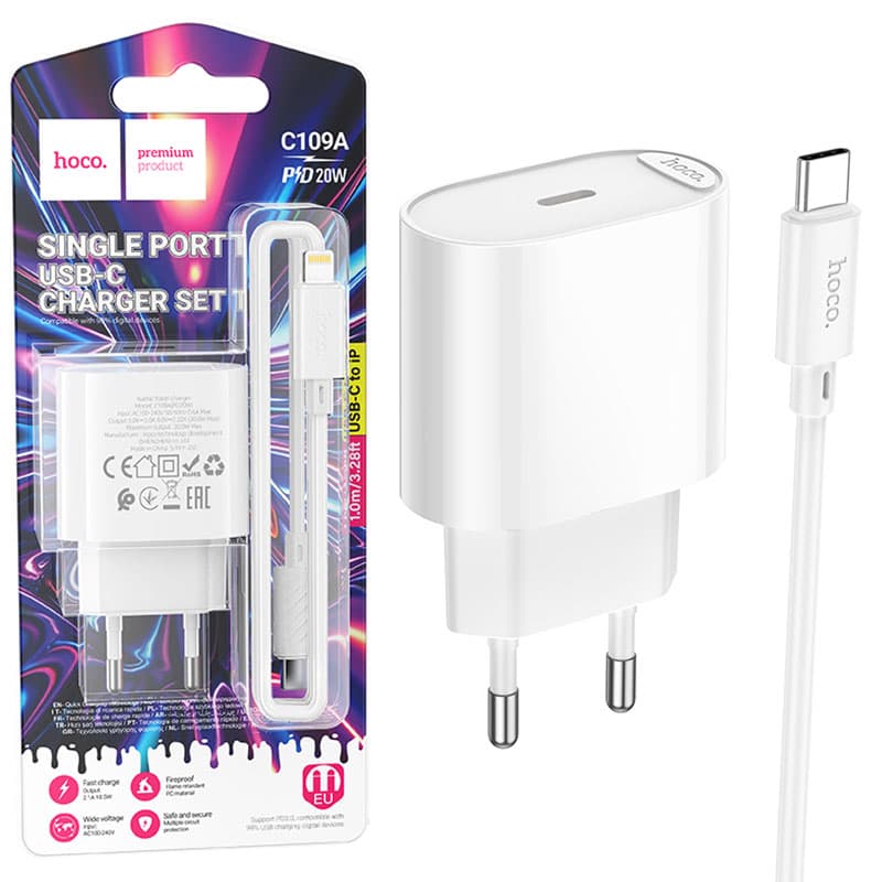 Hoco (C109A) - Incarcator Retea, PD20W, USB-C + Cablu Lightning, 1m, Fast Charging, White 1