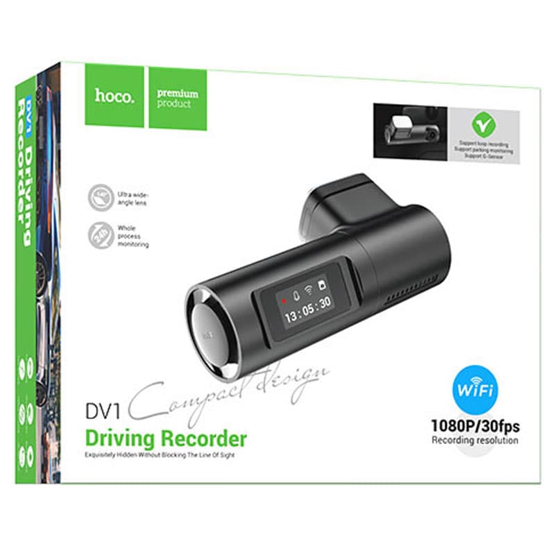 Hoco (DV1) - Mini camera de bord, inregistrare video, acumulator 200mAh, cablu 3.5m, TF Card, Black 1