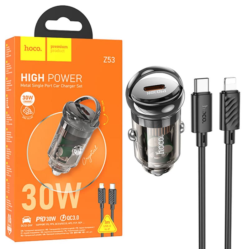 Hoco (Z53) - Incarcator Auto + Cablu Lightning, 30W, 1xUSB-C, PD, Ring-Pull, Black 1