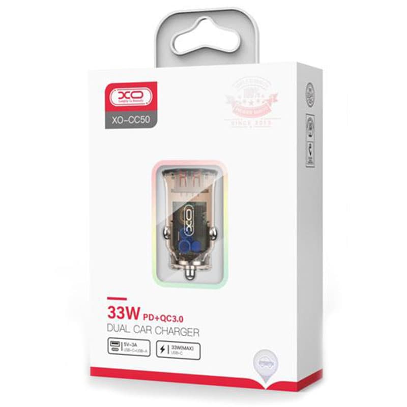 XO (CC50) - Incarcator Auto, 33W, 1xUSB-C, 1xUSB-A, PD, QC 3.0, Clear Design, BROWN 1