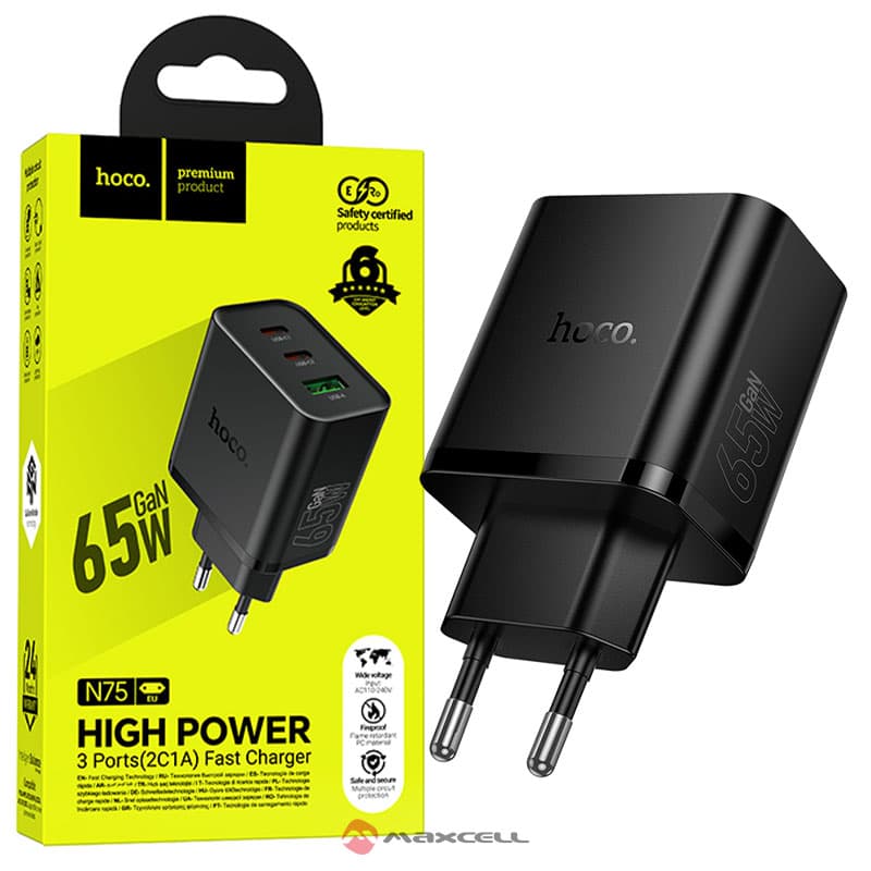 Hoco (N75) - Incarcator Priza, 65W, 2xUSB-C, 1xUSB-A, PD, QC 3.0, Black 1