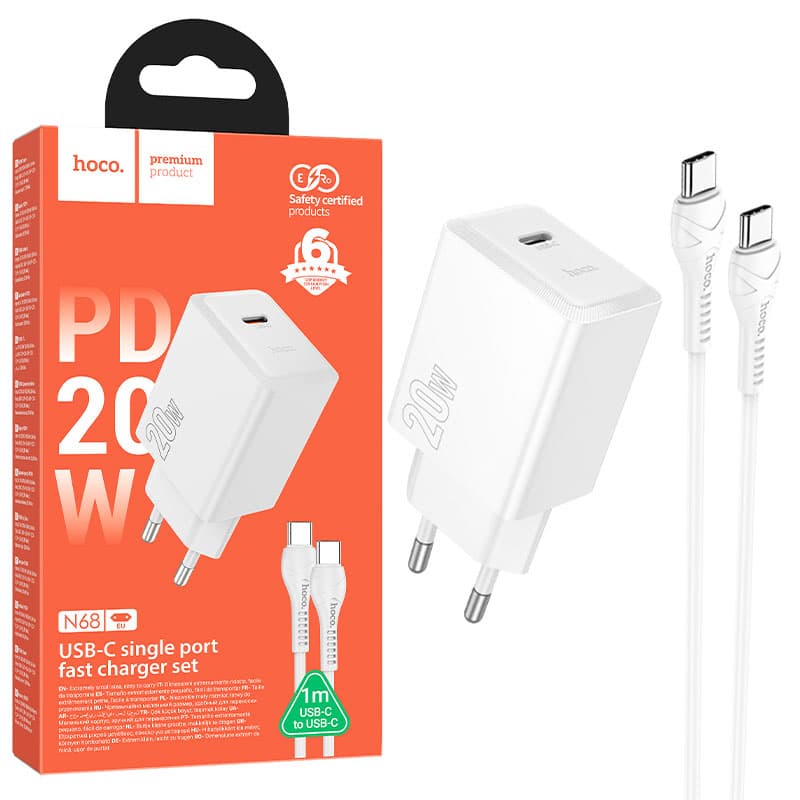 Hoco (N68) - Incarcator Retea, PD20W, USB-C + Cablu USB-C, 1m, Fast Charging, White 1