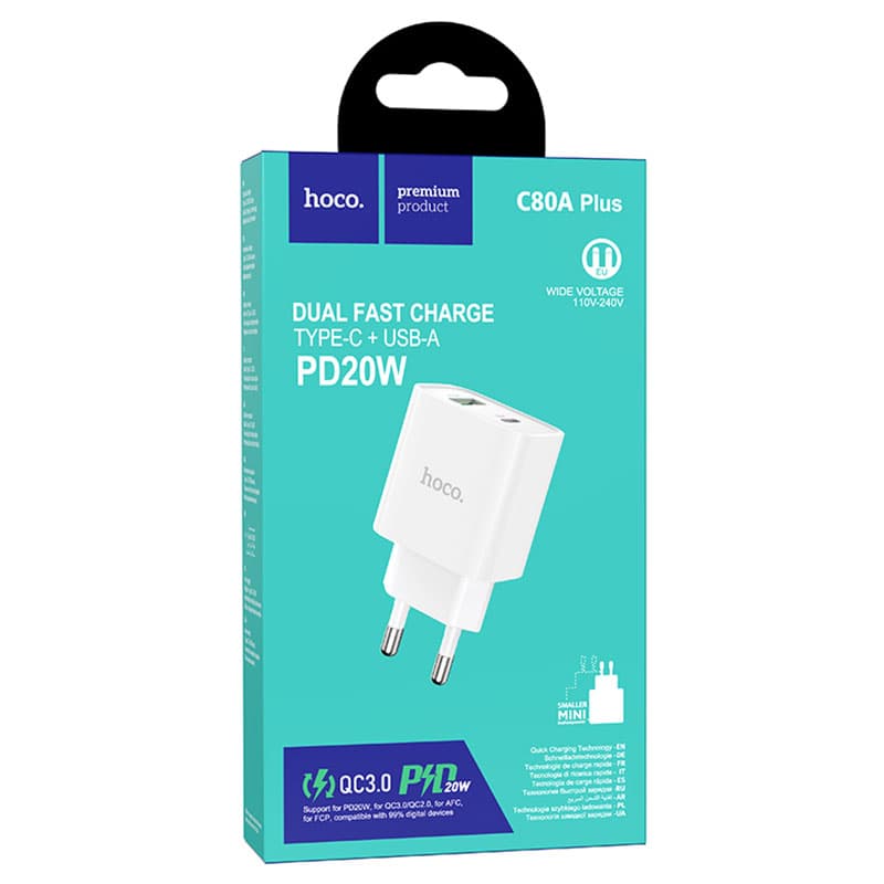 Hoco (C80A Plus) - Incarcator Retea, 20W, 5V, 3.1A, 1xUSB-C, 1xUSB-A, PD, QC 3.0, White 1