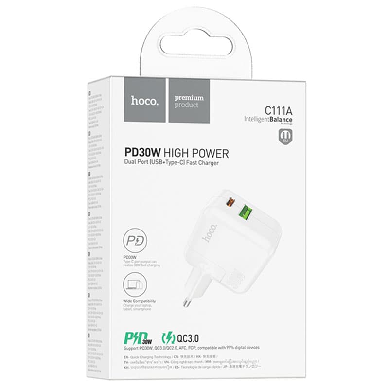 Hoco (C111A) - Incarcator Retea, 30W, 1xUSB-C, 1xUSB-A, PD, QC 3.0, White 1
