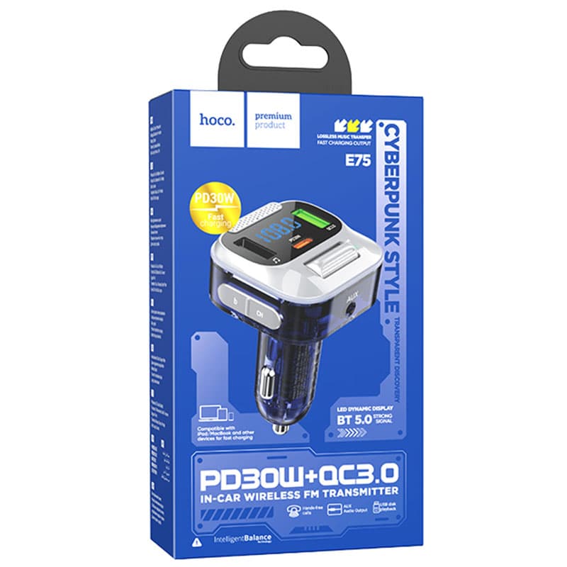 Hoco (E75) - Modulator FM, 30W, 1xUSB-C, 1xUSB-A, PD, QC 3.0, Blue 1