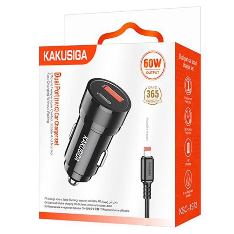 Kaku (KSC-1973) » Incarcator Auto, PD60W, 1xUSB-C, 1xUSB + Cablu Lightning, 1m, Black 1