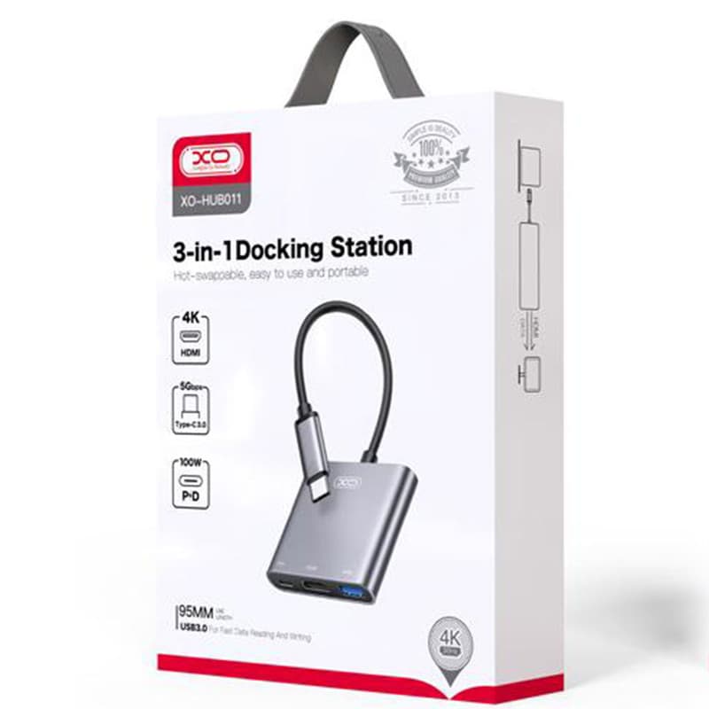 XO (HUB011) » MultiHUB USB 3in1, USB-C, HDMI, USB-A, transmisie 5GBps, functie de incarcare, Tranish 1